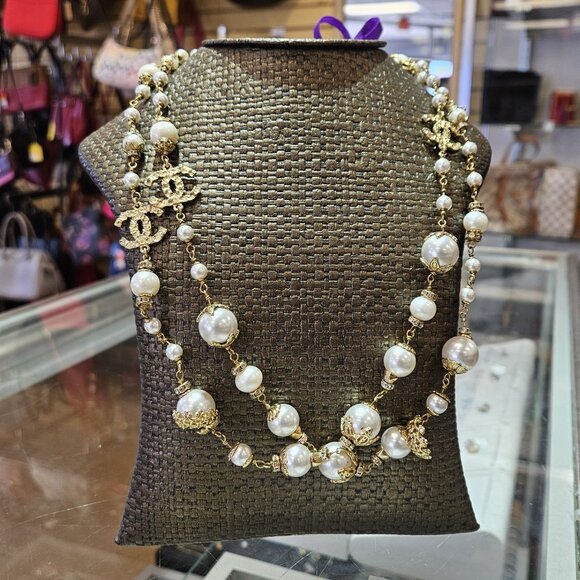 CHANEL | Jewelry | Chanel Cc Logo Pearl Gold Toned Necklace With 